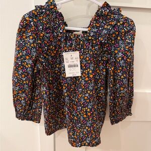 Crewcuts 2T Navy Floral Ruffle-Neck Long Sleeve Top